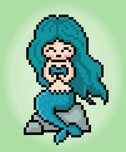 游戏资产用的美人鱼蓝发8位像素和矢量插图中的十字绣图案 — 图库矢量图片