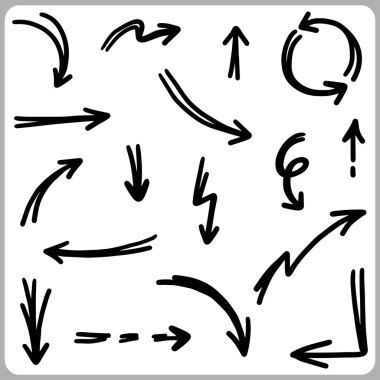 El çizilmiş oklar. Vektör illüstrasyonunda birçok kolleksiyonda soyut Doodle Arrows İnce Çizgi Siyah