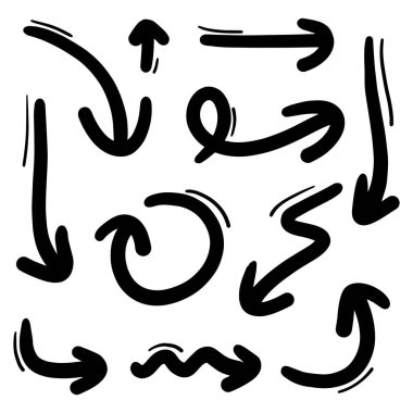 El çizilmiş oklar. Vektör illüstrasyonunda birçok kolleksiyonda soyut Doodle Arrows İnce Çizgi Siyah
