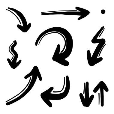 El çizilmiş oklar. Vektör illüstrasyonunda birçok kolleksiyonda soyut Doodle Arrows İnce Çizgi Siyah