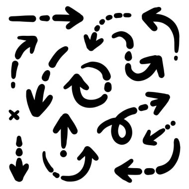 El çizilmiş oklar. Vektör illüstrasyonunda birçok kolleksiyonda soyut Doodle Arrows İnce Çizgi Siyah