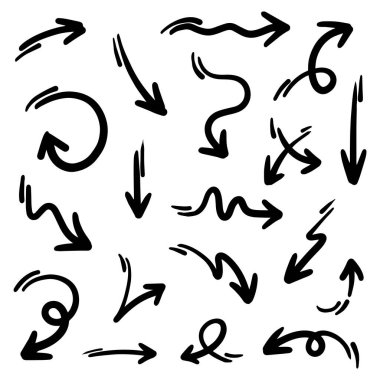 El çizilmiş oklar. Vektör illüstrasyonunda birçok kolleksiyonda soyut Doodle Arrows İnce Çizgi Siyah