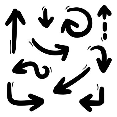 El çizilmiş oklar. Vektör illüstrasyonunda birçok kolleksiyonda soyut Doodle Arrows İnce Çizgi Siyah