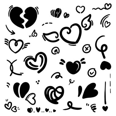 Soyut Doodle kalbi. Birçok koleksiyondaki İnce Çizgi Siyah. Fırça İşareti Vektör illüstrasyonunda izole edilmiş aşk işareti