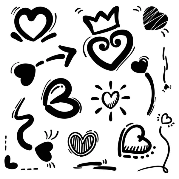 Abstraktní Doodle Srdce Tenká Čára Černá Mnoha Kolekcích Kartáč Podepsat — Stockový vektor