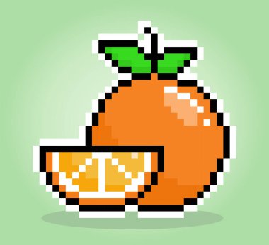 8 bit piksel portakal dilimi. Oyun varlıkları için citrus meyvesi ve vektör illüstrasyonlarında çapraz dikiş desenleri.