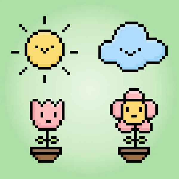 Bit Pixel Naturuntergang Sonne Wolke Tulpe Blume Für Spielobjekte Und — Stockvektor
