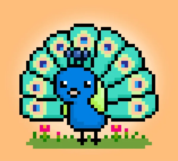 Bit Pixel Pfauenvogel Animal Game Assets Vektorillustration — Stockvektor