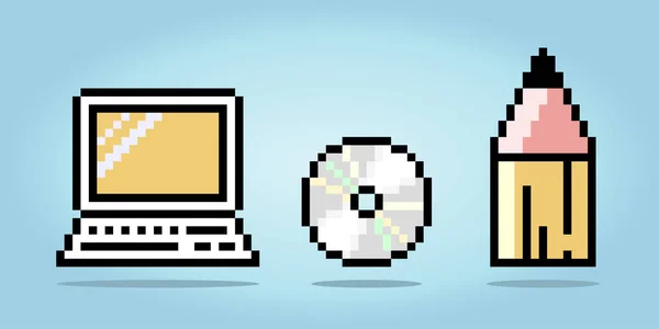 8ビットの現代的なハードウェア技術 ノートブック カセットディスク および鉛筆 アイコンピクセルベクターイラストのゲームアセットやウェブアイコンの場合 ベクターグラフィックス