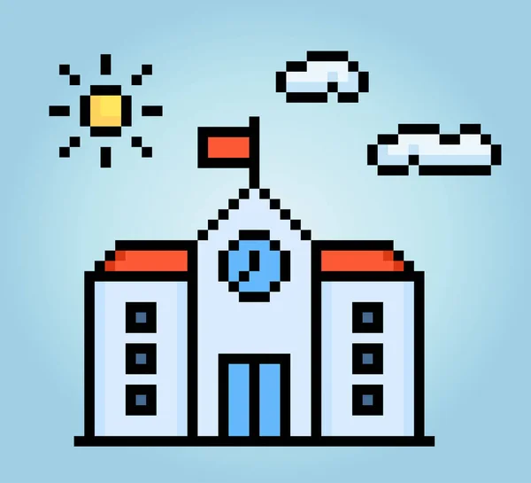 Pixel Bit Ikon Bangunan Sekolah Pada Vektor Ilustrasi Untuk Aset - Stok Vektor