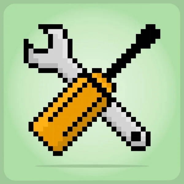 Піксель Біт Значок Налаштування Символів Викрутка Ключ Пікселів Векторних Ілюстраціях — стоковий вектор