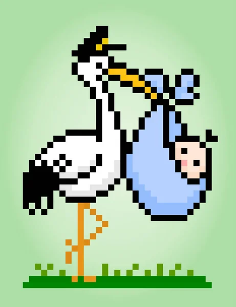 Bit Pixel Eines Storchs Trägt Baby Mit Tüten Animal Pixel — Stockvektor