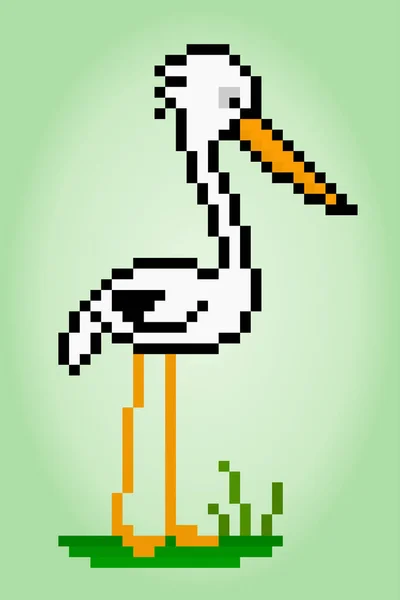 コウノトリの8ビットピクセル ゲーム資産のための動物のピクセルアートとベクトルイラストのクロスステッチパターン — ストックベクタ