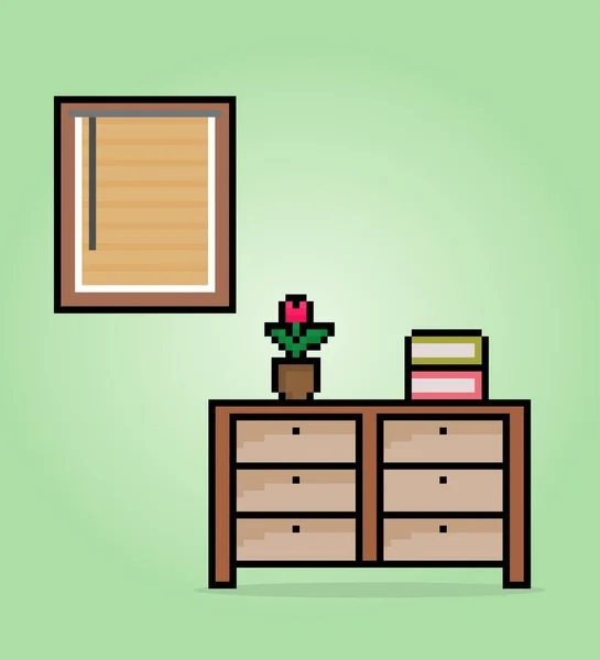 ゲーム資産のためのベクトル図で8ビットピクセル木製の机と窓 隔離された鉢の花や本 — ストックベクタ