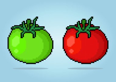 Vektör çizimlerinde 8 bit piksel domates. Oyun varlıkları ve çapraz dikiş desenleri için sebzeler.
