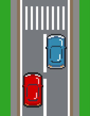 İki arabalı 8 bit piksel dikey yol. Trafik Yolu Vektörünün İllüstrasyonu