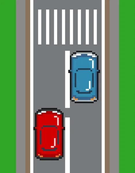 Bit Pixel Vertikale Straße Mit Zwei Autos Illustration Des Verkehrsstraßenvektors — Stockvektor