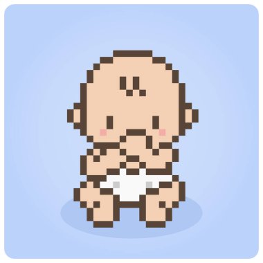 8-bit piksel bebek oturuyor. Şirin bebek vektör çizimi
