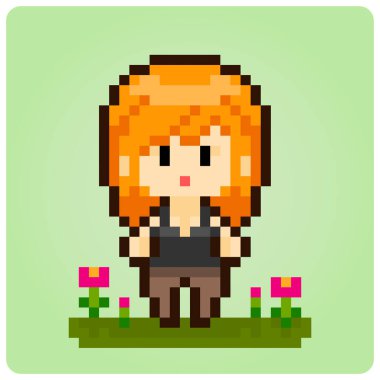 Bir kız karakterinin 8 bit pikseli. Oyun varlıkları veya çapraz dikişler için vektör çizimleri olan sarışın kadınlar.