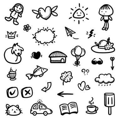 Kara İnce Çizgi Kümesinin el çizimi özeti Vektör illüstrasyonunda nesneler ve doğa içerir