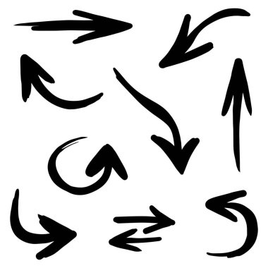 El çizilmiş oklar. Vektör illüstrasyonunda birçok kolleksiyonda soyut Doodle Arrows İnce Çizgi Siyah