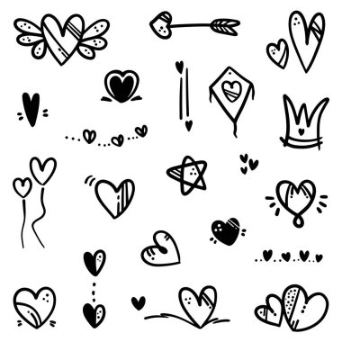 Soyut Doodle kalbi. Birçok koleksiyondaki İnce Çizgi Siyah. Fırça İşareti Vektör illüstrasyonunda izole edilmiş aşk işareti