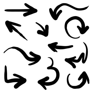 El çizilmiş oklar. Vektör illüstrasyonunda birçok kolleksiyonda soyut Doodle Arrows İnce Çizgi Siyah