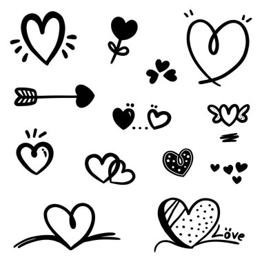 Soyut Doodle kalbi. Birçok koleksiyondaki İnce Çizgi Siyah. Fırça İşareti Vektör illüstrasyonunda izole edilmiş aşk işareti