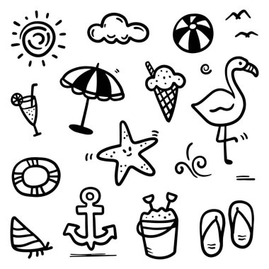 El yapımı yaz teması. İnce siyah çizgi soyut karalama plaj tatil araçları vektör illüstrasyonunda çoklu koleksiyon