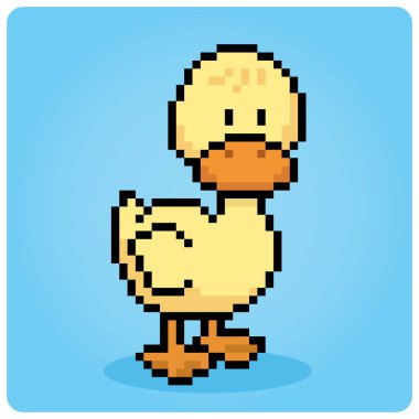 8 bit piksel sevimli ördek. Oyun varlıkları için hayvanlar ve vektör illüstrasyonunda çapraz dikiş deseni