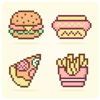 8 bit piksellik hazır yemek. Hamburger, sosisli sandviç, pizza ve patates.