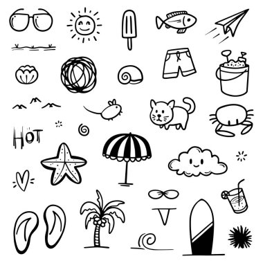 El yapımı yaz teması. İnce siyah çizgi soyut karalama plaj tatil araçları vektör illüstrasyonunda çoklu koleksiyon