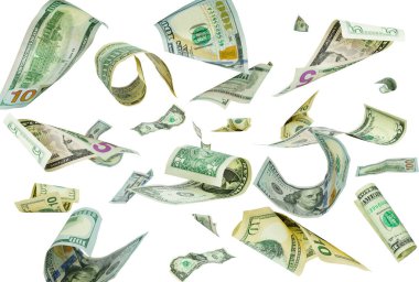 Para Birleşik Devletlere 100 dolar, 10 dolar, 5 dolar, 1 dolar. Faling Money, US Dolars, Banknote 'tan. Beyaz arkaplanda izole