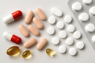 Tıbbi haplar ve kapsüller. Vitaminler, antibiyotik, B6, Kalsiyum, Magnezyum, Terapi.