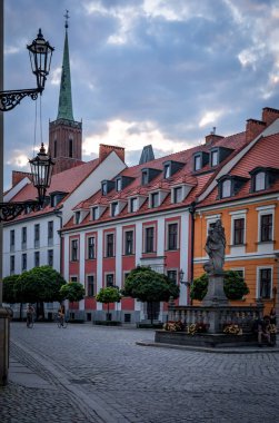 Wroclaw, Polonya - 29 Haziran 2021: Ostrow Tumski 'deki Katedral Meydanı' nda Aziz Mary 'nin heykeli. Tarihi ortaçağ mimarisi. 