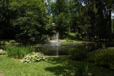Klodzko Vadisi 'ndeki Dlugopole Zdroj sağlık merkezindeki güzel park. Gölet, çeşme ve ahşap çardak, insan yok.. 