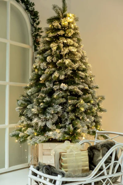 stock image Christmas tree in lights. There is a sledge with a gift in front of it. New Year, Christmas, holidays. Selective focus, defocus