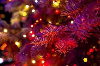 Karanlıktaki Noel ağacı kırmızı ve bulanık ışıklarda. Tasarım için yılbaşı ve yeni yıl geçmişi. İyi tatiller. Seçmeli odak, ayrışma