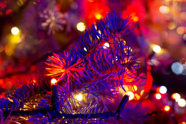Рождественская Елка Темноте Синем Свечении Размытых Огней Рождество Новый Год — стоковое фото