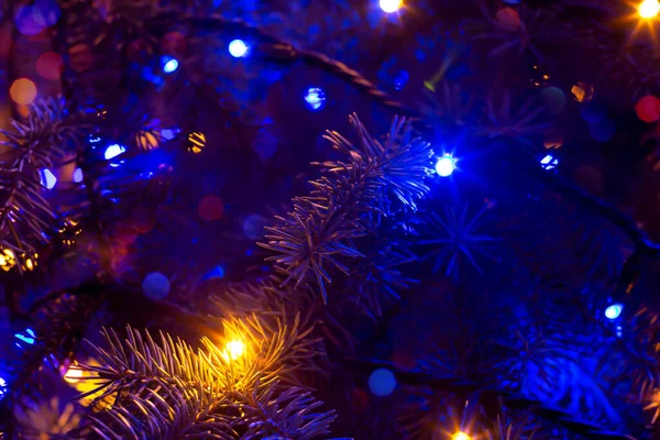 Choinka Ciemności Oświetlona Niebieską Girlandą Rozmazanymi Światłami Boże Narodzenie Nowy — Zdjęcie stockowe