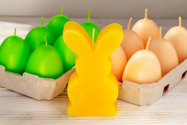 Easter Yellow Candle Shape Rabbit Stands Table Him Green Beige Foto Stock Royalty Free