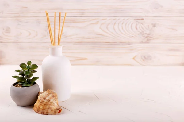 stock image Perfume for the home. Aromatic reed diffuser with sticks on light background. Flower and shell next to it create cozy atmosphere. The concept of calm, relaxation and pleasure. Selective focus. Defocus