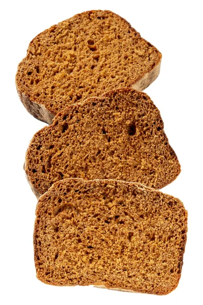 Trzy Kromki Świeżego Ciemnego Chleba Białym Tle Słońcu Blisko Izolacja — Zdjęcie stockowe