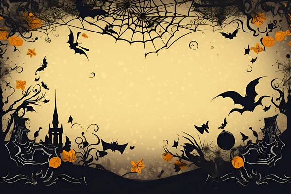 Festlig Halloween Beige Och Svart Bakgrund Med Fladdermöss Och Spindelväv Stockfoto