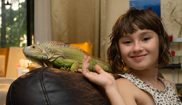 9-10 yaşlarında küçük bir kızın portresi gülümseyen, kameraya bakan, yeşil bir iguanayı okşayan. İguana iguana sp., öngörünüm