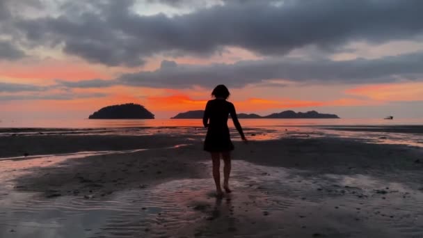 日没の赤い光の海の風景のパノラマ 島々と美しい海の地平線を背景に歩く女の子のシルエット 雲の中を太陽が照らす明るい赤い空 — ストック動画