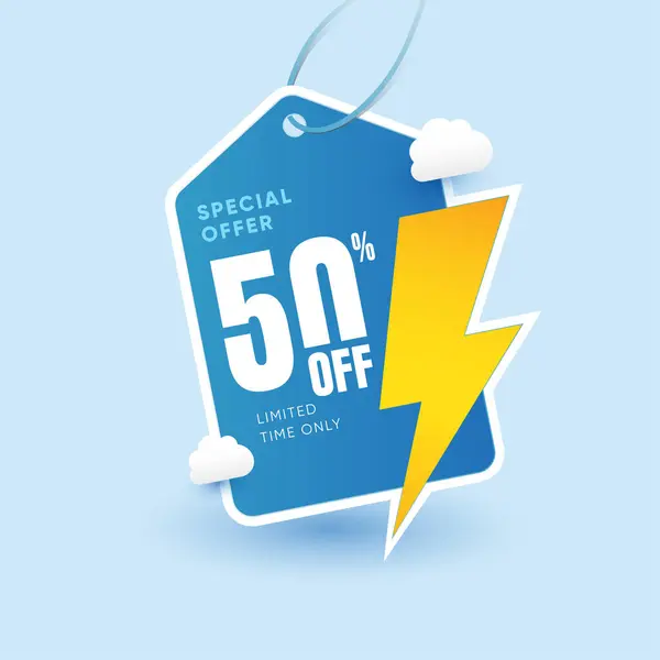 Mavi Arkaplanda% 50 indirimli ve Yıldırım Sembollü Özel Teklif Etiketi
