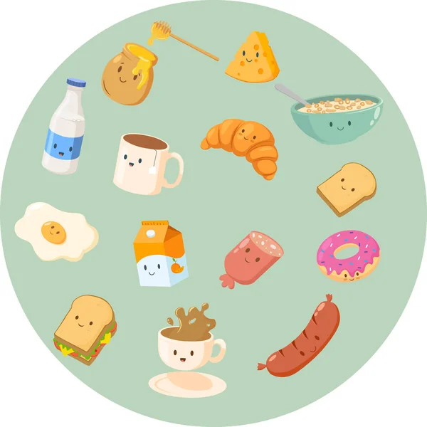Cute Cartoon Breakfast Elements Croissant Cereal Milk Cheese Tea Premium — стоковий вектор