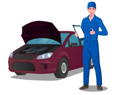 Auto Engineer Character Servicing a Car, Mechanic Wearing blue Jumpsuit Thumbs up, Vector File