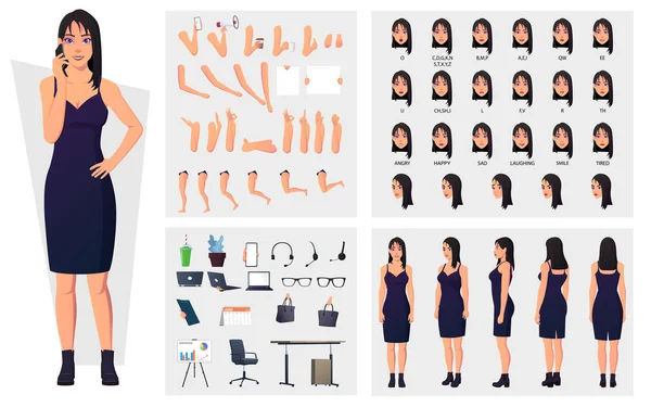 Business Woman Character Construction Pack Girl Wearing Casual Dress Character — Vetor de Stock